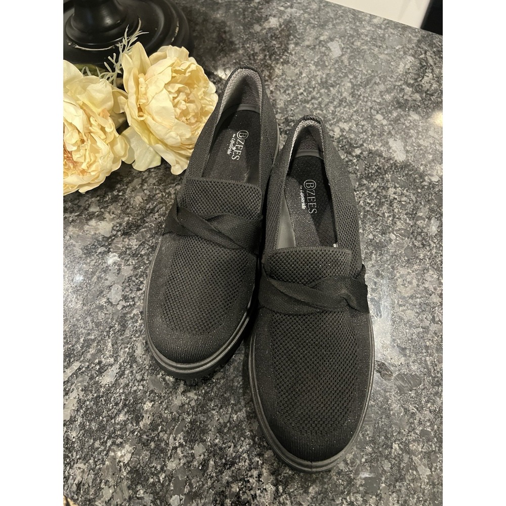 BZees Lifestride Black Muse Bow Platform Comfort Loafers Sz 9 Slight Glitter EUC